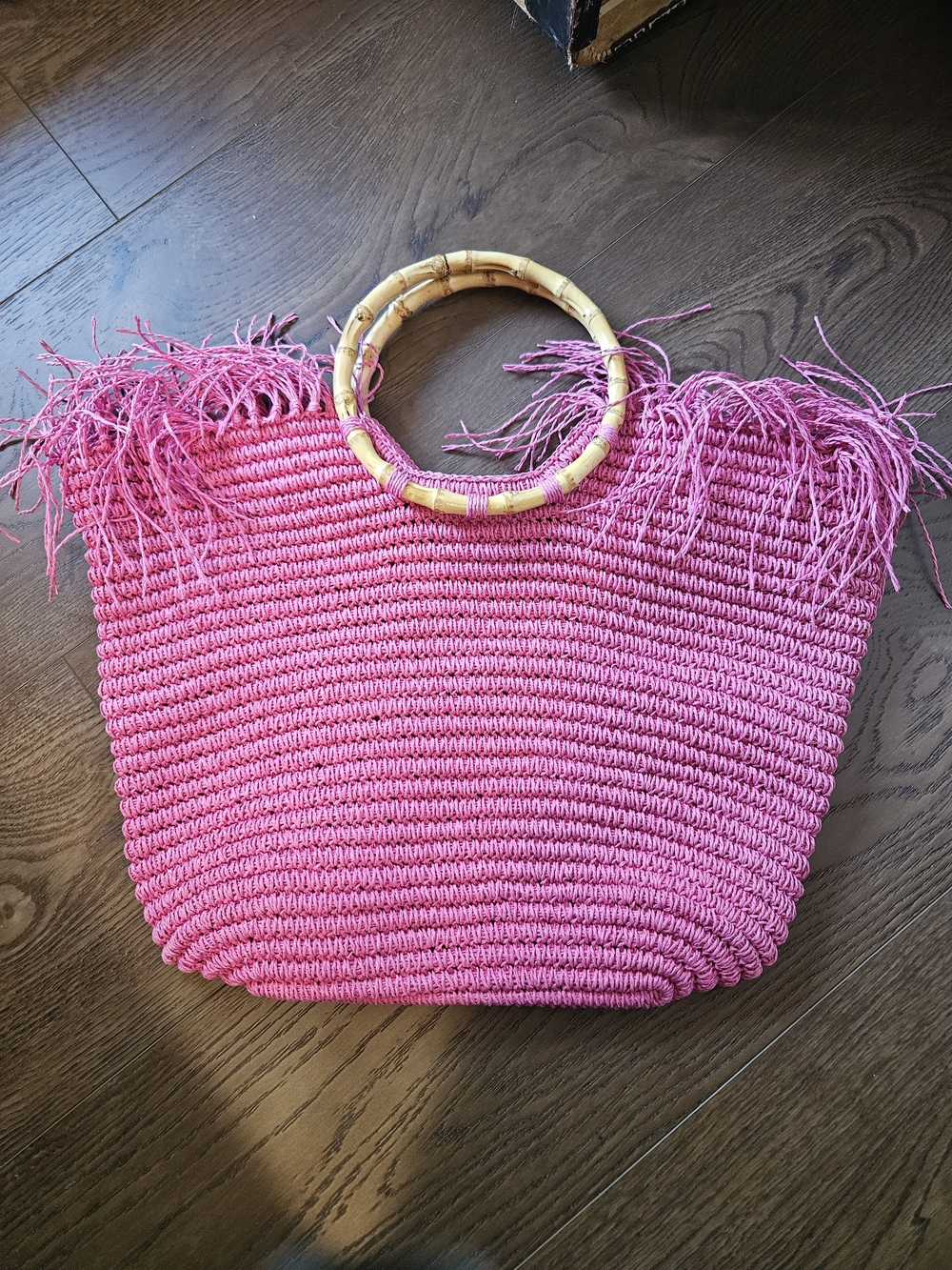 Source Unknown Pink Woven Tote with Bamboo Ring Handles